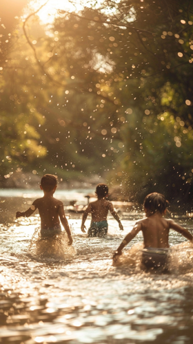 Kinder spielen am Wasser